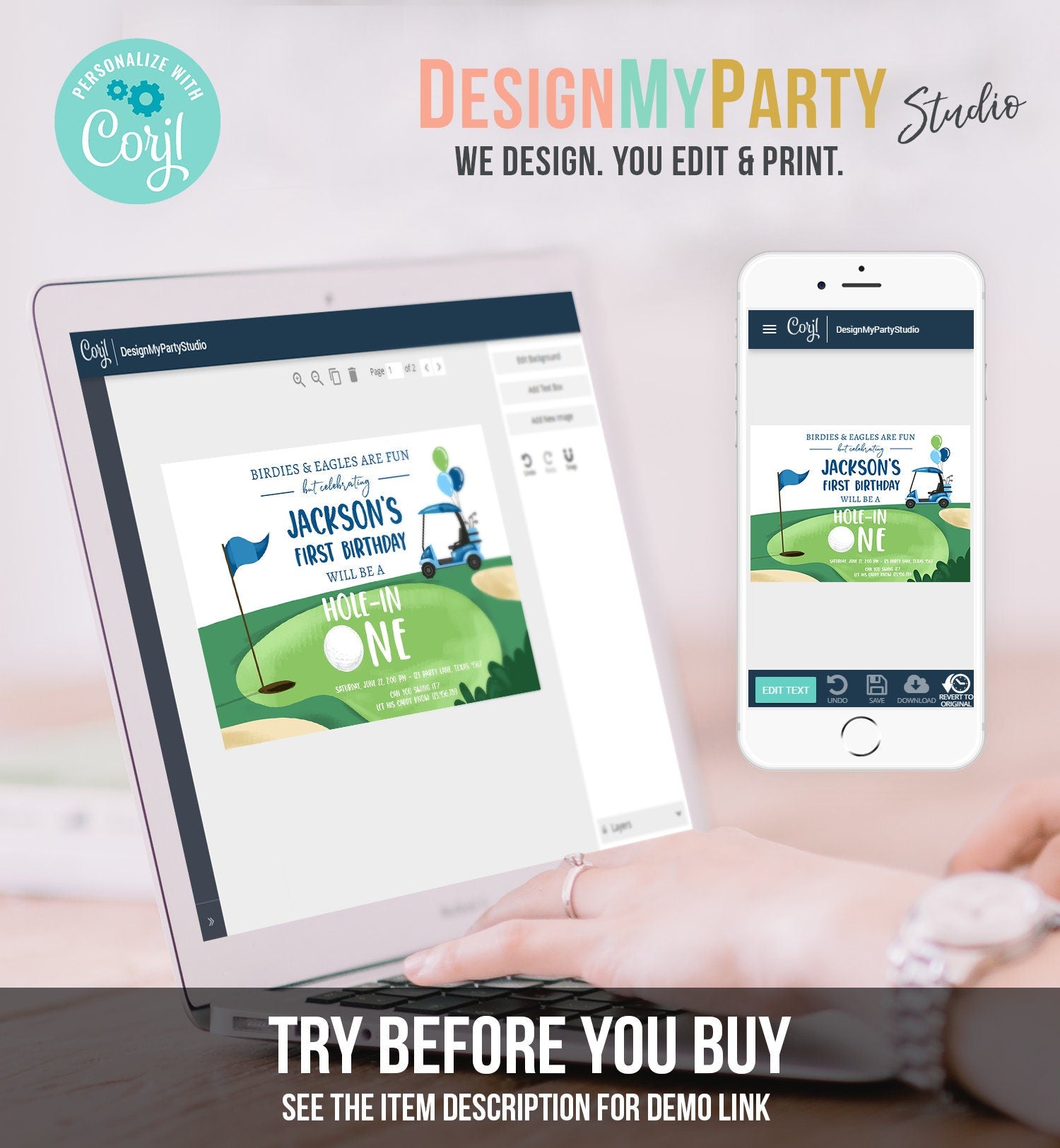 Editable Hole in One Birthday Invitation Golf First Birthday Par-tee Golf Boy Golfing Digital Download Evite Template Printable 0405