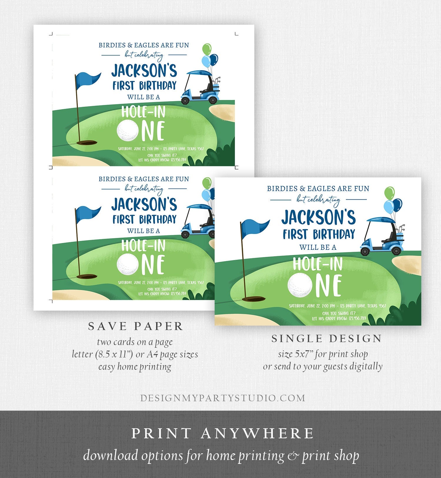 Editable Hole in One Birthday Invitation Golf First Birthday Par-tee Golf Boy Golfing Digital Download Evite Template Printable 0405