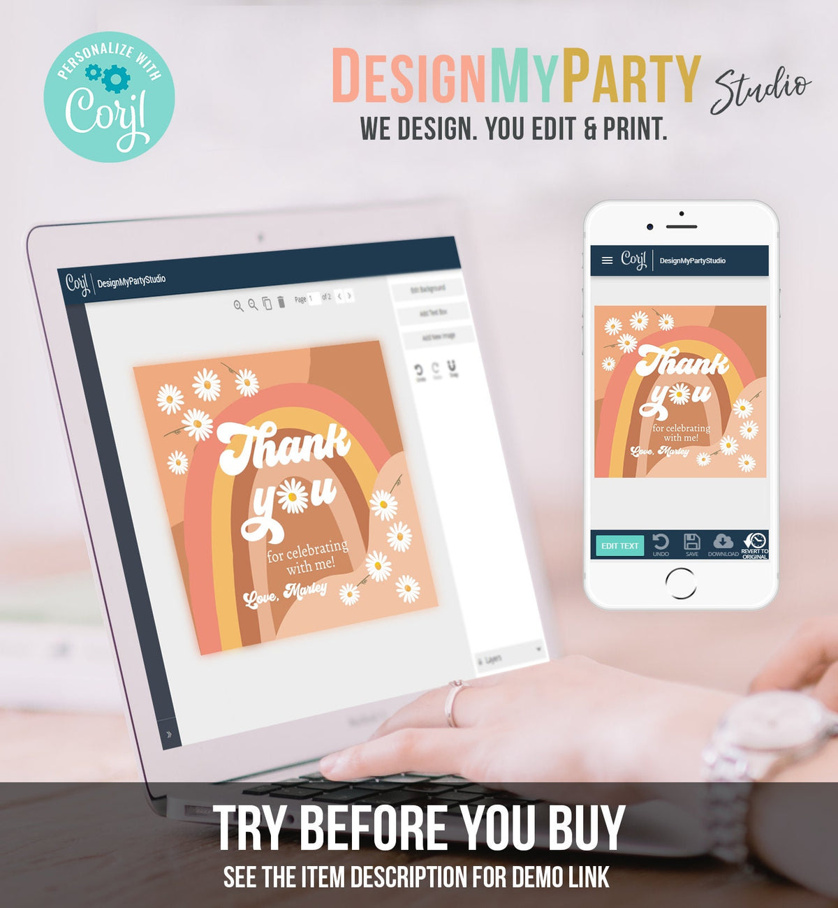 Editable Retro Daisy Favor Tag Groovy Birthday Thank You Gift Sticker Festival Gift 70s Hippie Digital Download Template Printable 0428