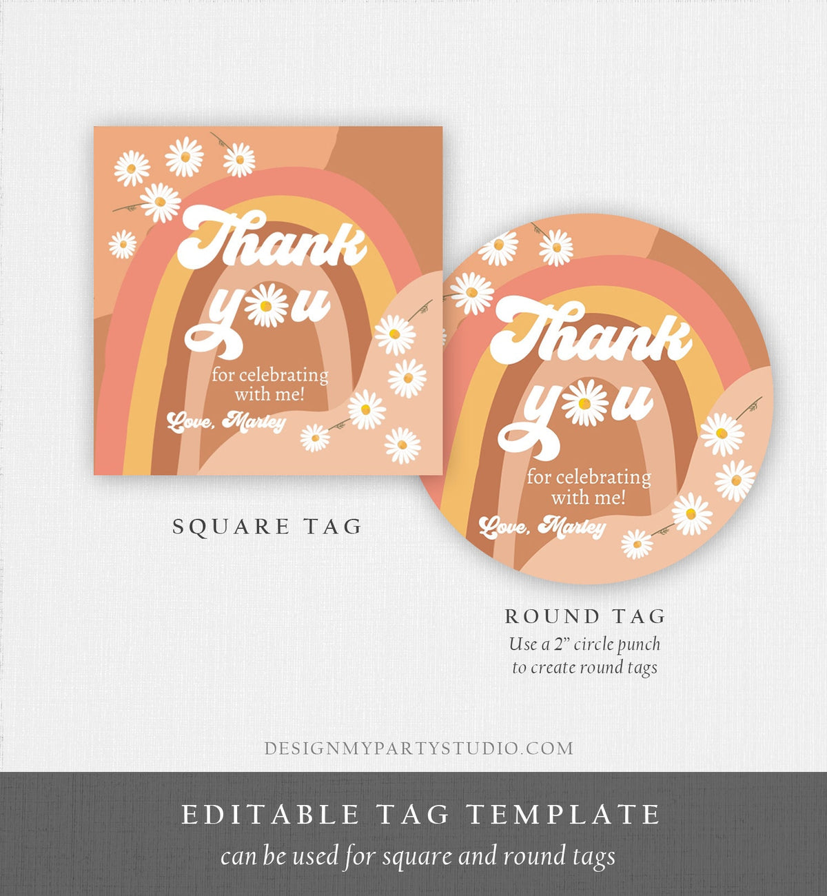 Editable Retro Daisy Favor Tag Groovy Birthday Thank You Gift Sticker Festival Gift 70s Hippie Digital Download Template Printable 0428