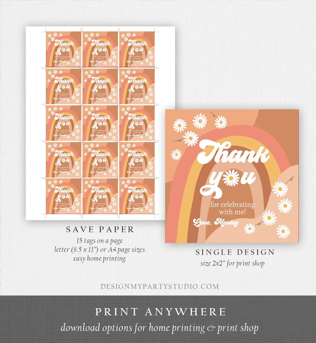 Editable Retro Daisy Favor Tag Groovy Birthday Thank You Gift Sticker Festival Gift 70s Hippie Digital Download Template Printable 0428