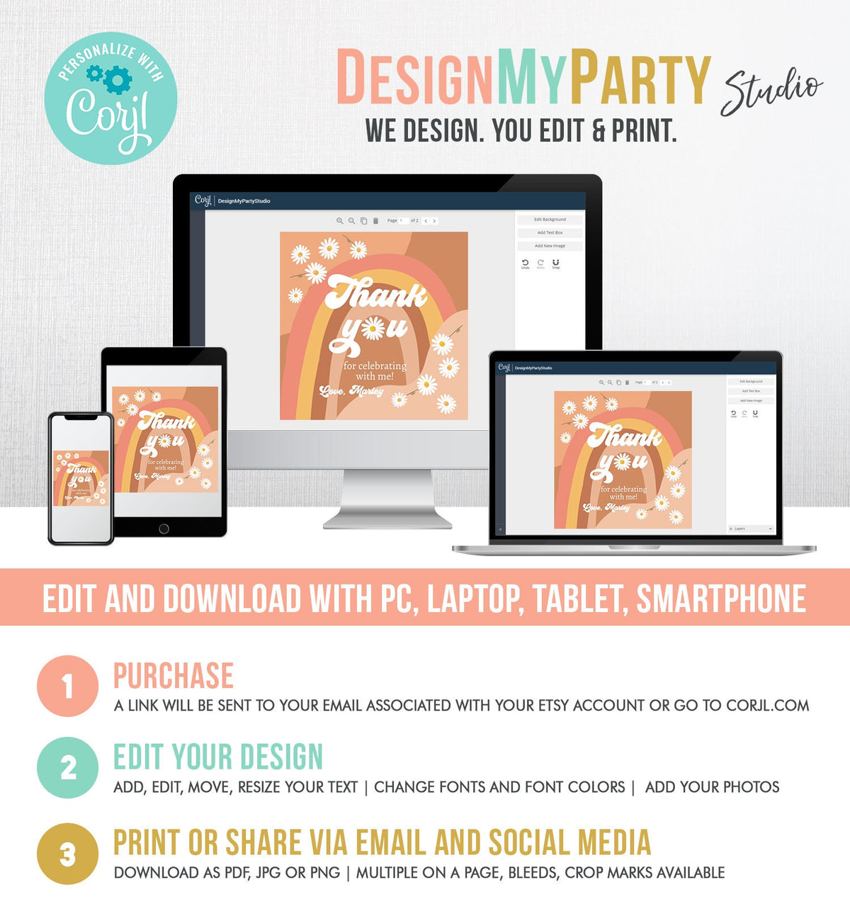 Editable Retro Daisy Favor Tag Groovy Birthday Thank You Gift Sticker Festival Gift 70s Hippie Digital Download Template Printable 0428