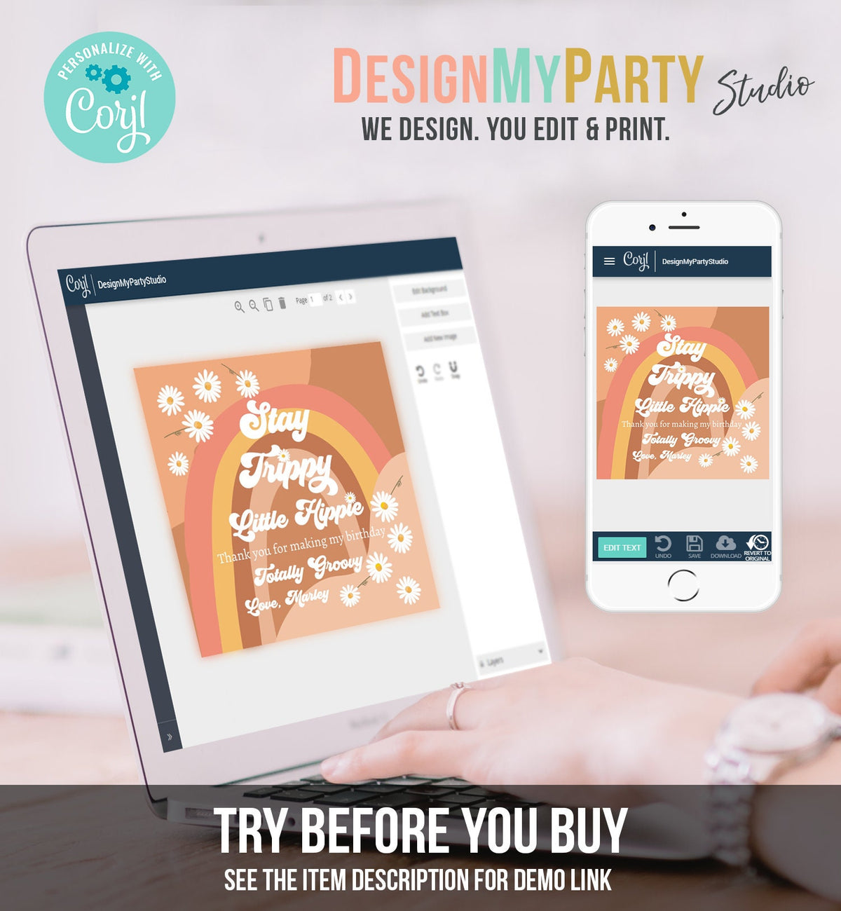 Editable Groovy 1st Favor Tag Retro Daisy Birthday Thank You Sticker Festival 70s Stay Trippy Hippie Digital Template Printable 0428