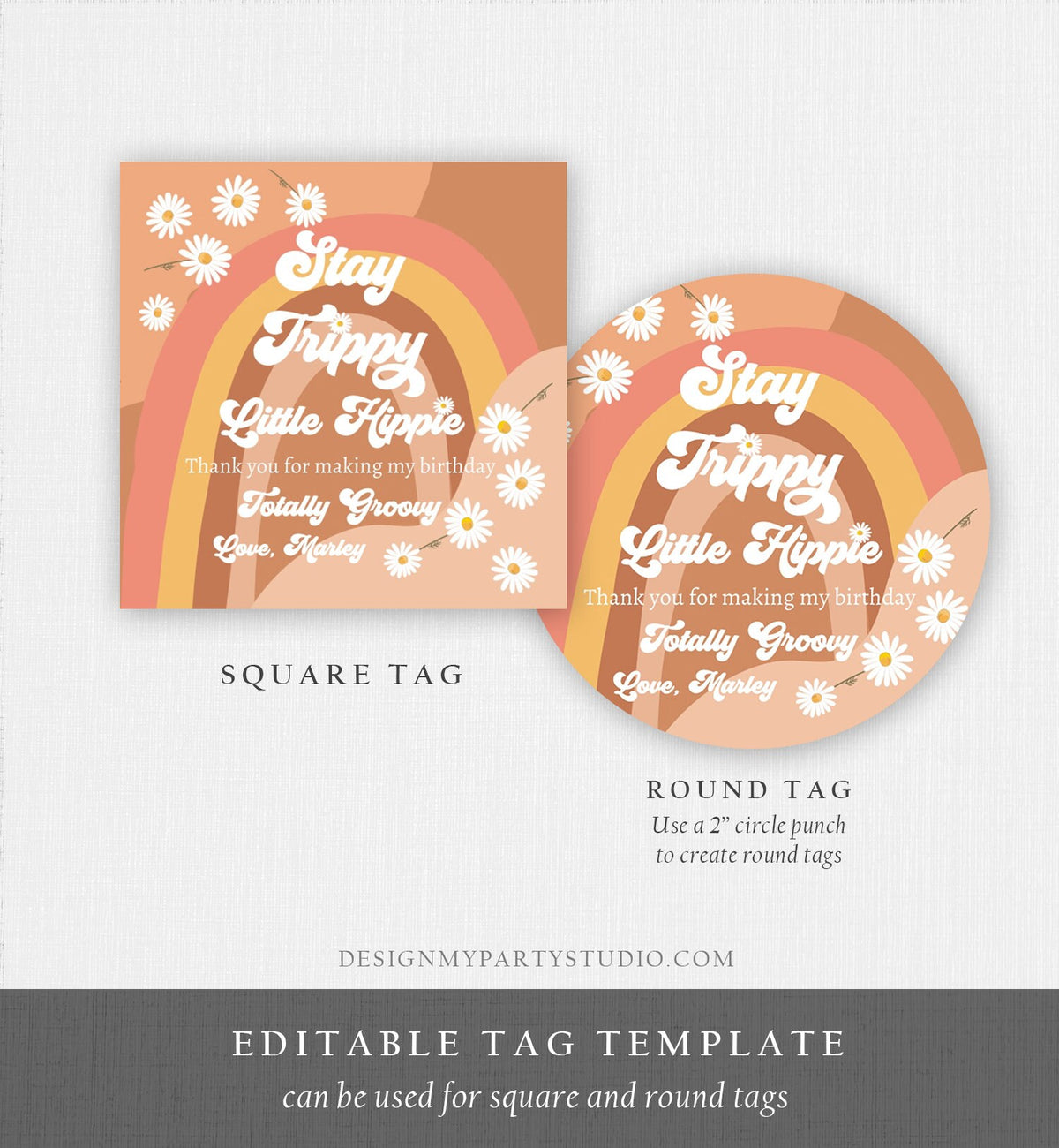 Editable Groovy 1st Favor Tag Retro Daisy Birthday Thank You Sticker Festival 70s Stay Trippy Hippie Digital Template Printable 0428