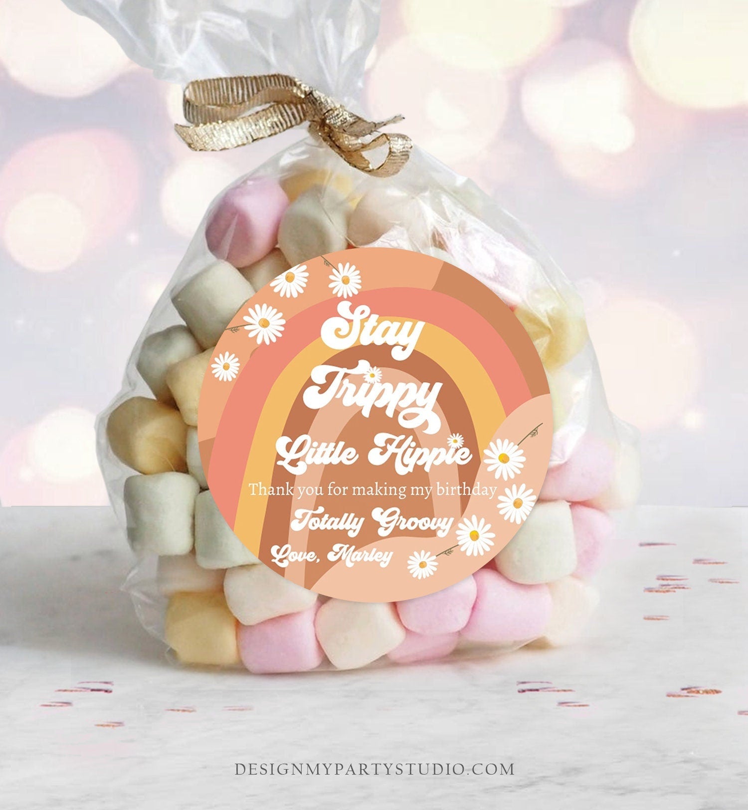 Editable Groovy 1st Favor Tag Retro Daisy Birthday Thank You Sticker Festival 70s Stay Trippy Hippie Digital Template Printable 0428