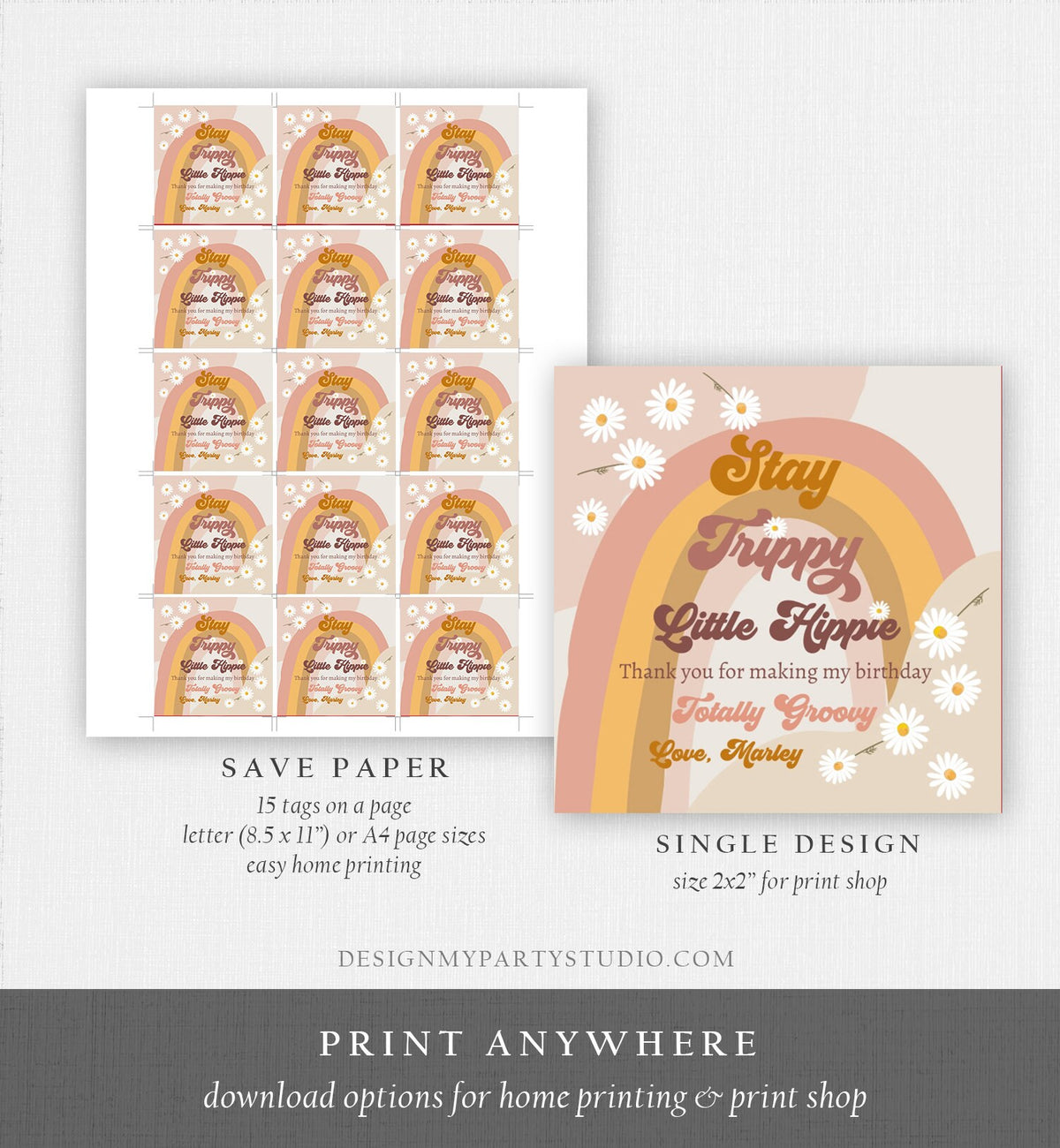 Editable Groovy 1st Birthday Favor Tags Retro Daisy Birthday Thank you Sticker Festival 70s Stay Trippy Hippie Template Corjl PRINTABLE 0428