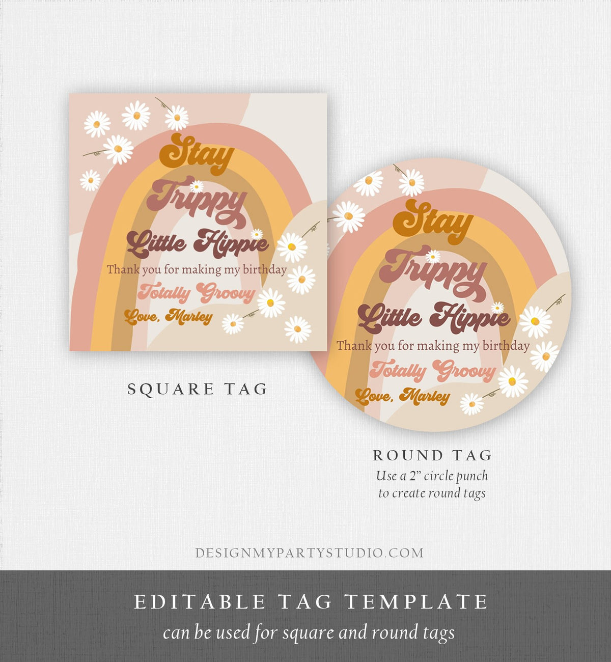 Editable Groovy 1st Birthday Favor Tags Retro Daisy Birthday Thank you Sticker Festival 70s Stay Trippy Hippie Template Corjl PRINTABLE 0428