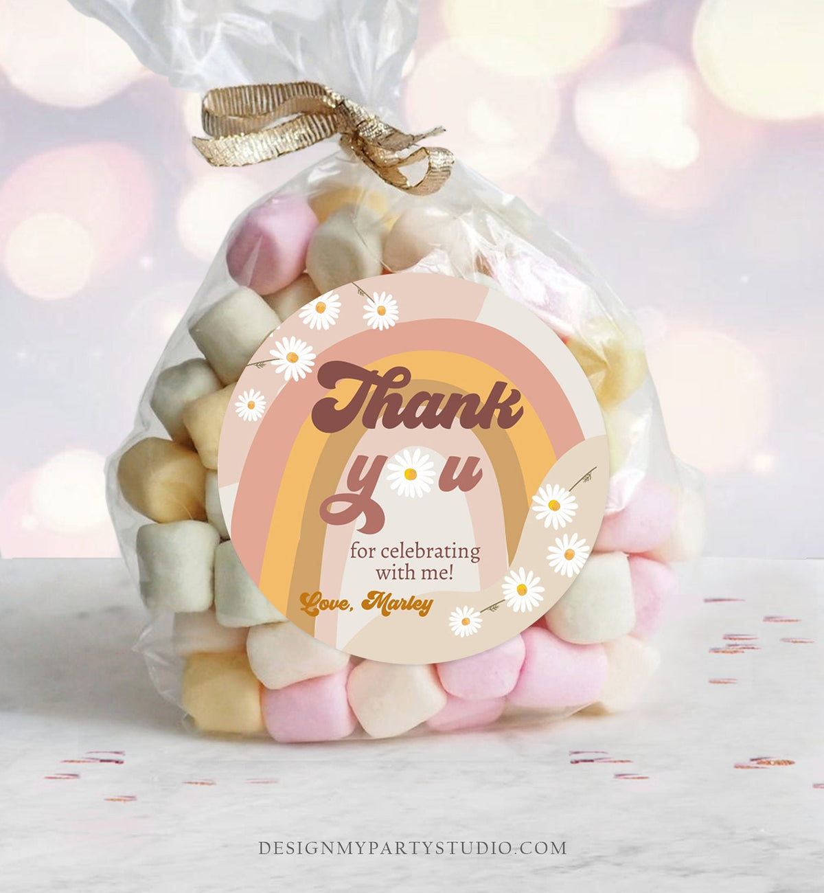 Editable Retro Daisy Favor Tag 1st 2nd Groovy Birthday Thank You Sticker Festival Gift 70s Floral Hippie Digital Template Printable 0428