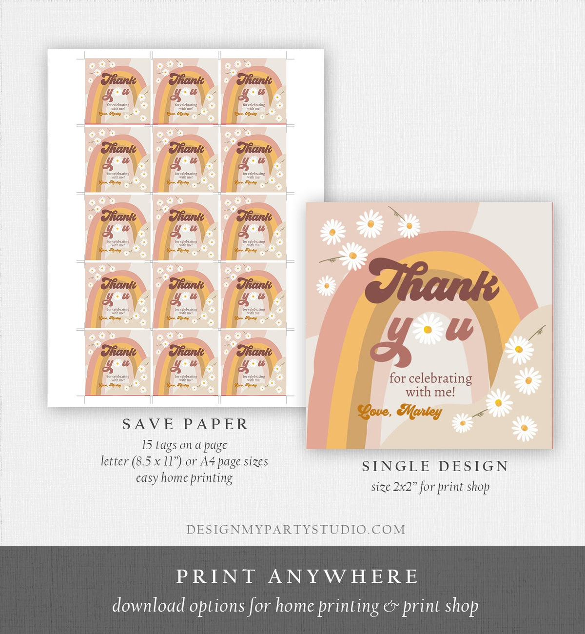 Editable Retro Daisy Favor Tag 1st 2nd Groovy Birthday Thank You Sticker Festival Gift 70s Floral Hippie Digital Template Printable 0428