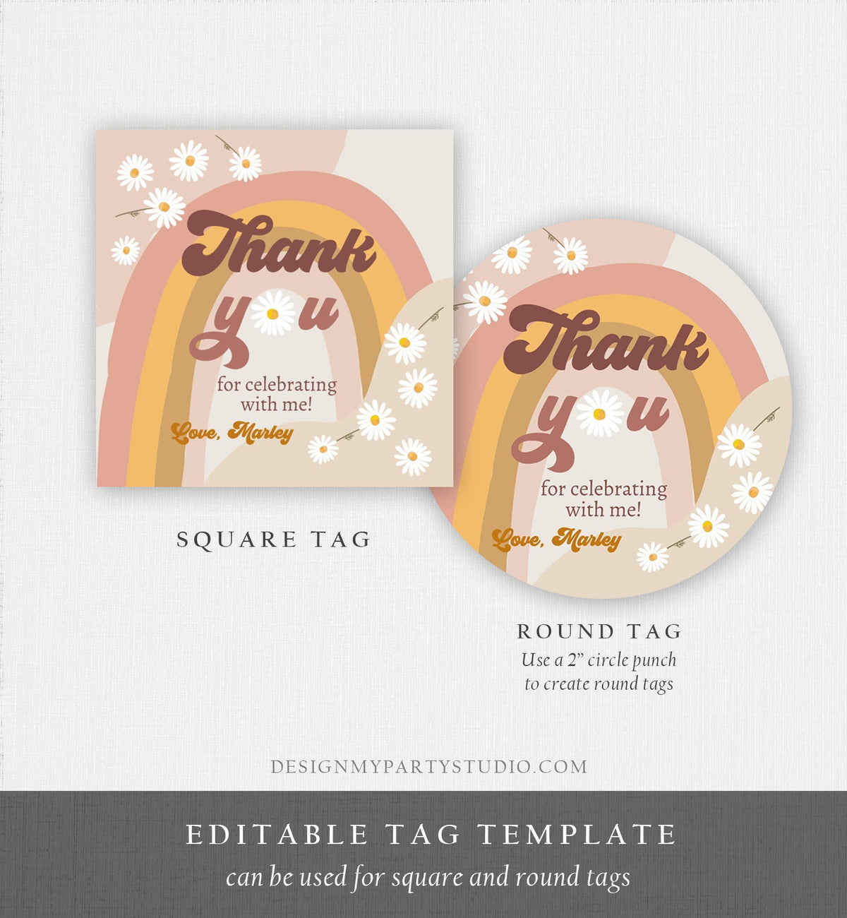 Editable Retro Daisy Favor Tag 1st 2nd Groovy Birthday Thank You Sticker Festival Gift 70s Floral Hippie Digital Template Printable 0428