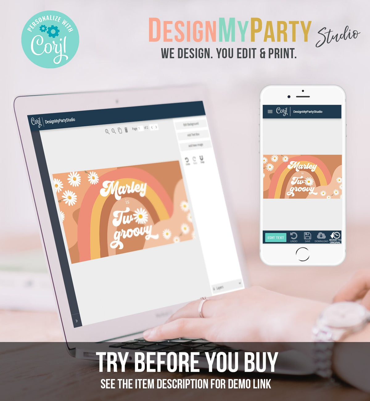 Editable Groovy Birthday Party Gable Box Favor Label Hippie 70&#39;s Gift Box Labels Festival Two Groovy Daisy Download Printable Corjl 0428