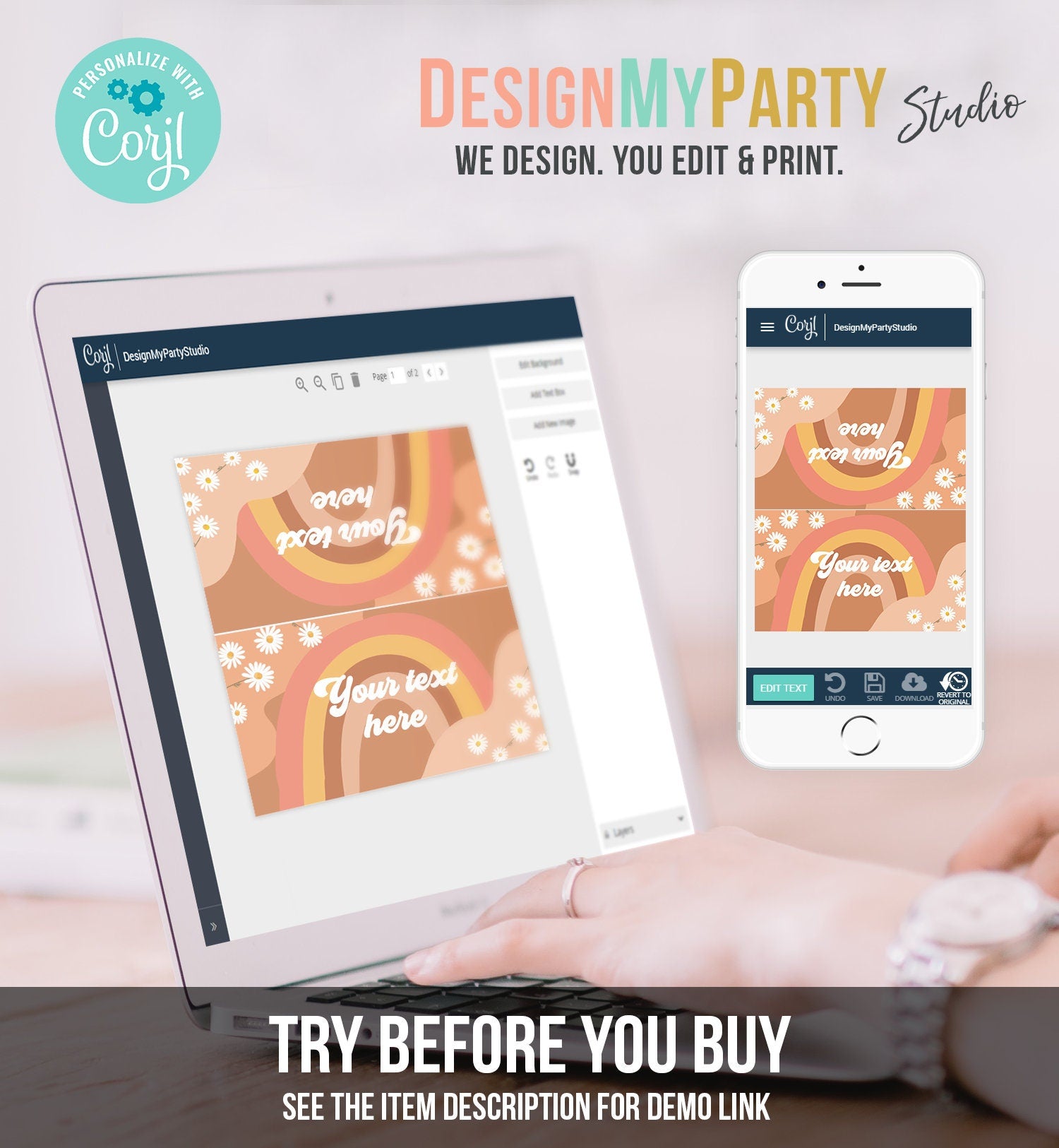 Editable Groovy Retro Daisy Food Label Flower Power 70's Birthday Place Card Tent Card Folded Festival Vibes Digital Template Printable 0428