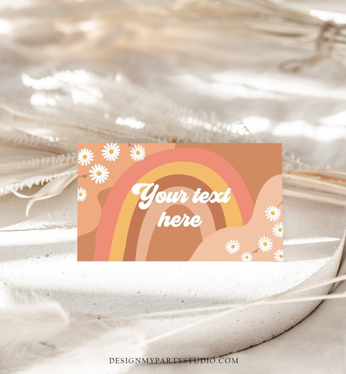 Editable Groovy Retro Daisy Food Label Flower Power 70&#39;s Birthday Place Card Tent Card Folded Festival Vibes Digital Template Printable 0428