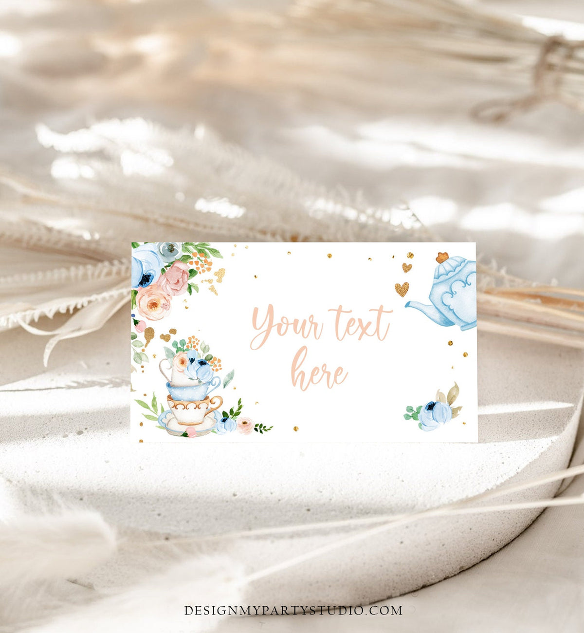 Editable Tea Party Food Label Tea Place Card Tent Card Escort Card Par-Tea Tea for Two Decor Girl Floral Blue Printable Corjl Template 0349