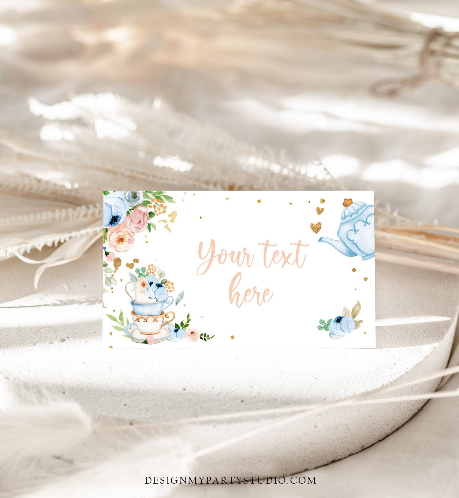 Editable Tea Party Food Label Tea Place Card Tent Card Escort Card Par-Tea Tea for Two Decor Girl Floral Blue Printable Corjl Template 0349