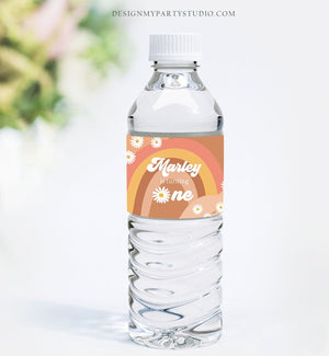 Editable Retro Daisy Water Bottle Labels 1st Birthday Hippie Party Decor Groovy 70s Floral One Printable Bottle Wrap Template Corjl 0428