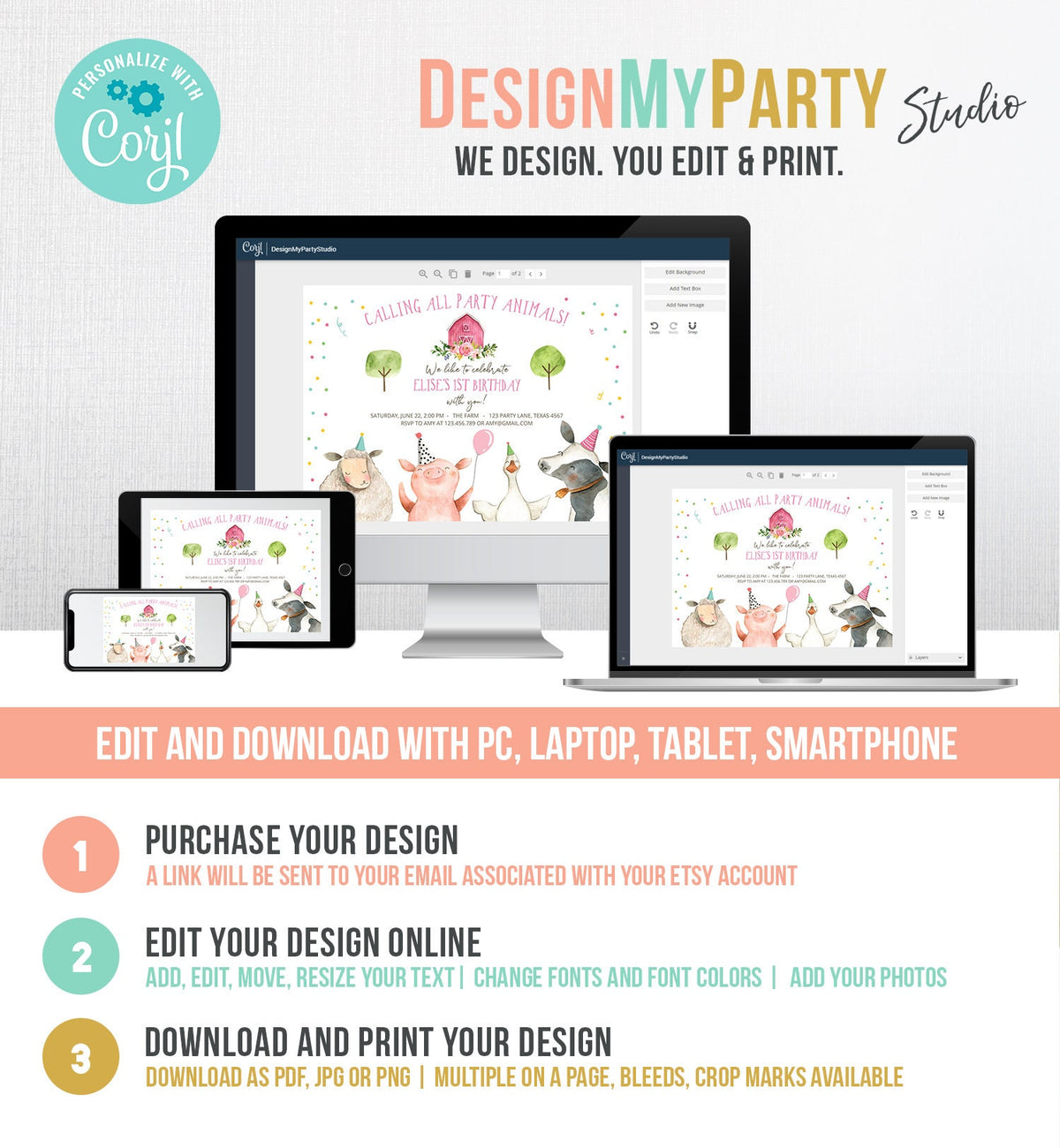 Editable Farm Animals Birthday Invitation Girl Farm Pink Barnyard Birthday Party Animals Digital Download Evite Template Printable 0155