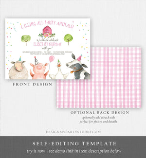 Editable Farm Birthday Invitation Girl Farm Animals Pink Barnyard Birthday Party Animals Confetti Printable Template Digital Corjl 0155