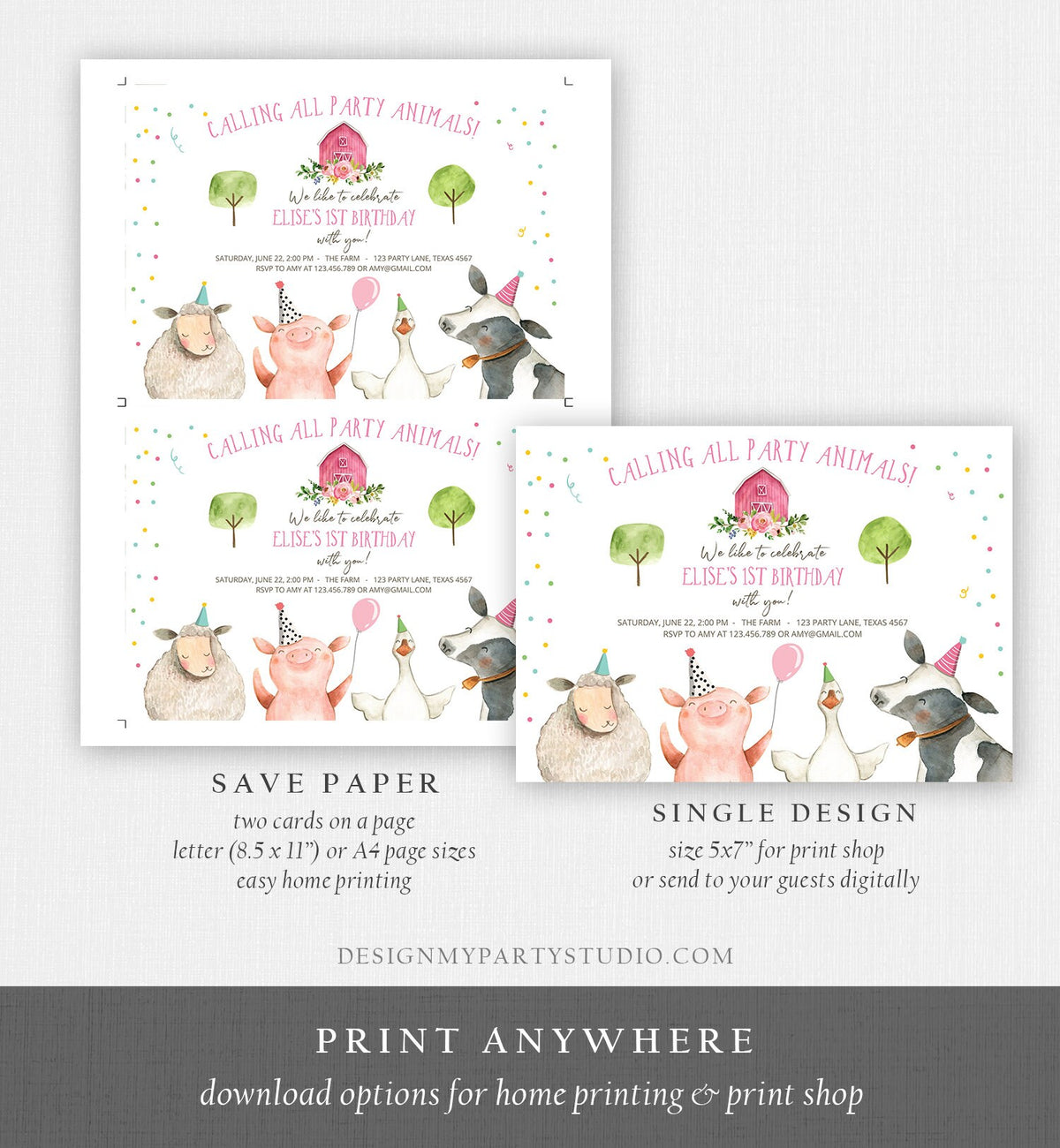 Editable Farm Animals Birthday Invitation Girl Farm Pink Barnyard Birthday Party Animals Digital Download Evite Template Printable 0155