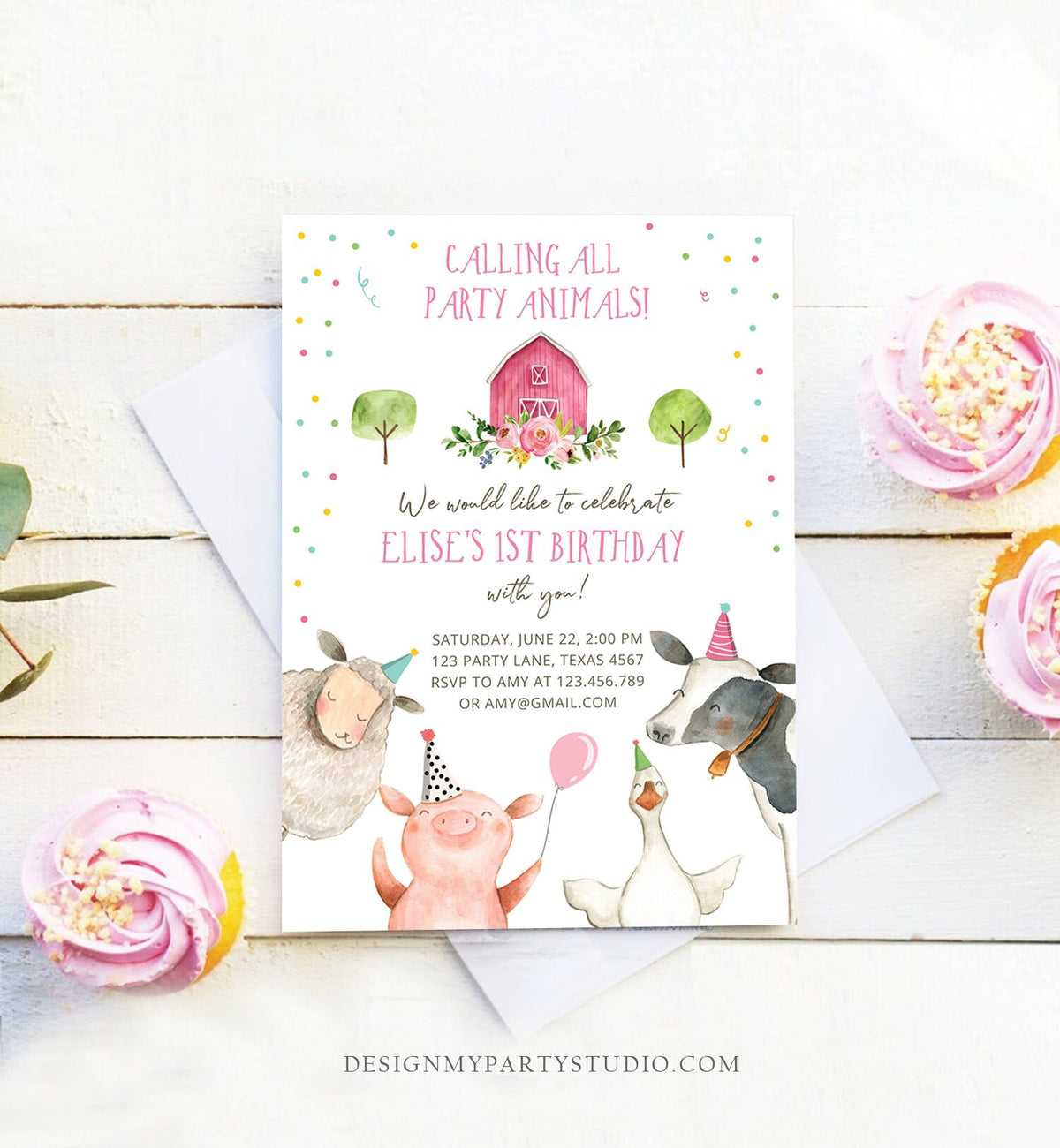 Editable Farm Animals Birthday Invitation Girl Farm Barnyard First Birthday Party Animals Confetti Download Corjl Template Printable 0155