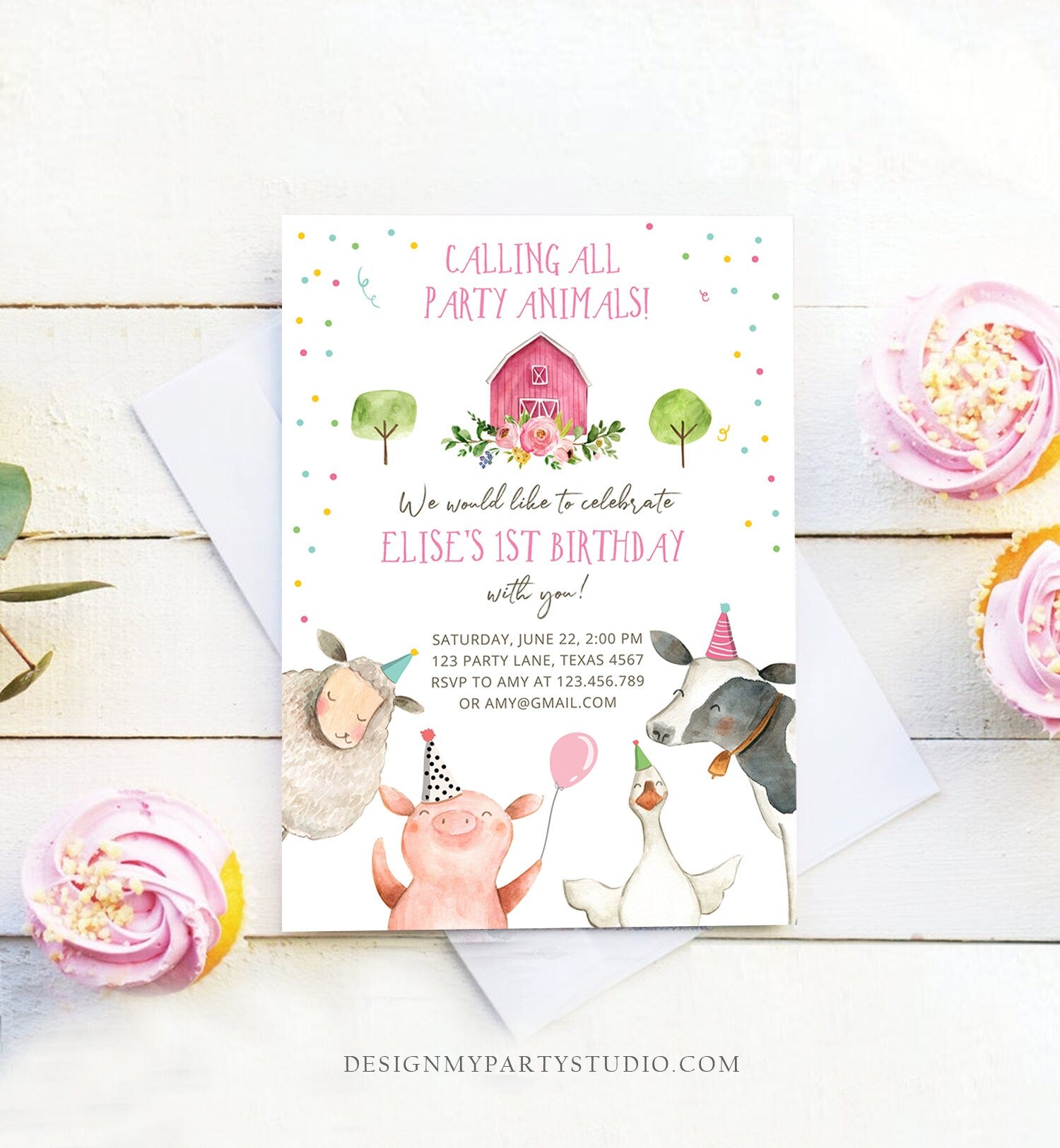 Editable Farm Animals Birthday Invitation Girl Farm Barnyard First Birthday Party Animals Confetti Download Corjl Template Printable 0155