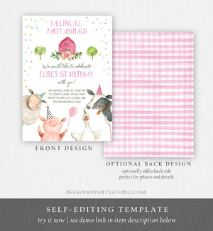 Editable Farm Animals Birthday Invitation Girl Farm Barnyard First Birthday Party Animals Confetti Download Corjl Template Printable 0155