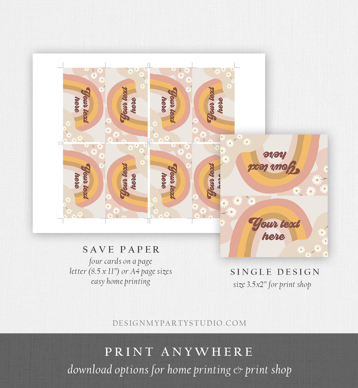 Editable Groovy Retro Daisy Food Labels Flower Power 70&#39;s Birthday Place Card Tent Card Festival Vibes Digital Template Printable 0428