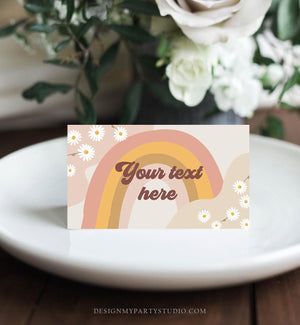 Editable Groovy Retro Daisy Food Labels Flower Power 70's Birthday Place Card Tent Card Folded Festival Vibes Printable Template Corjl 0428
