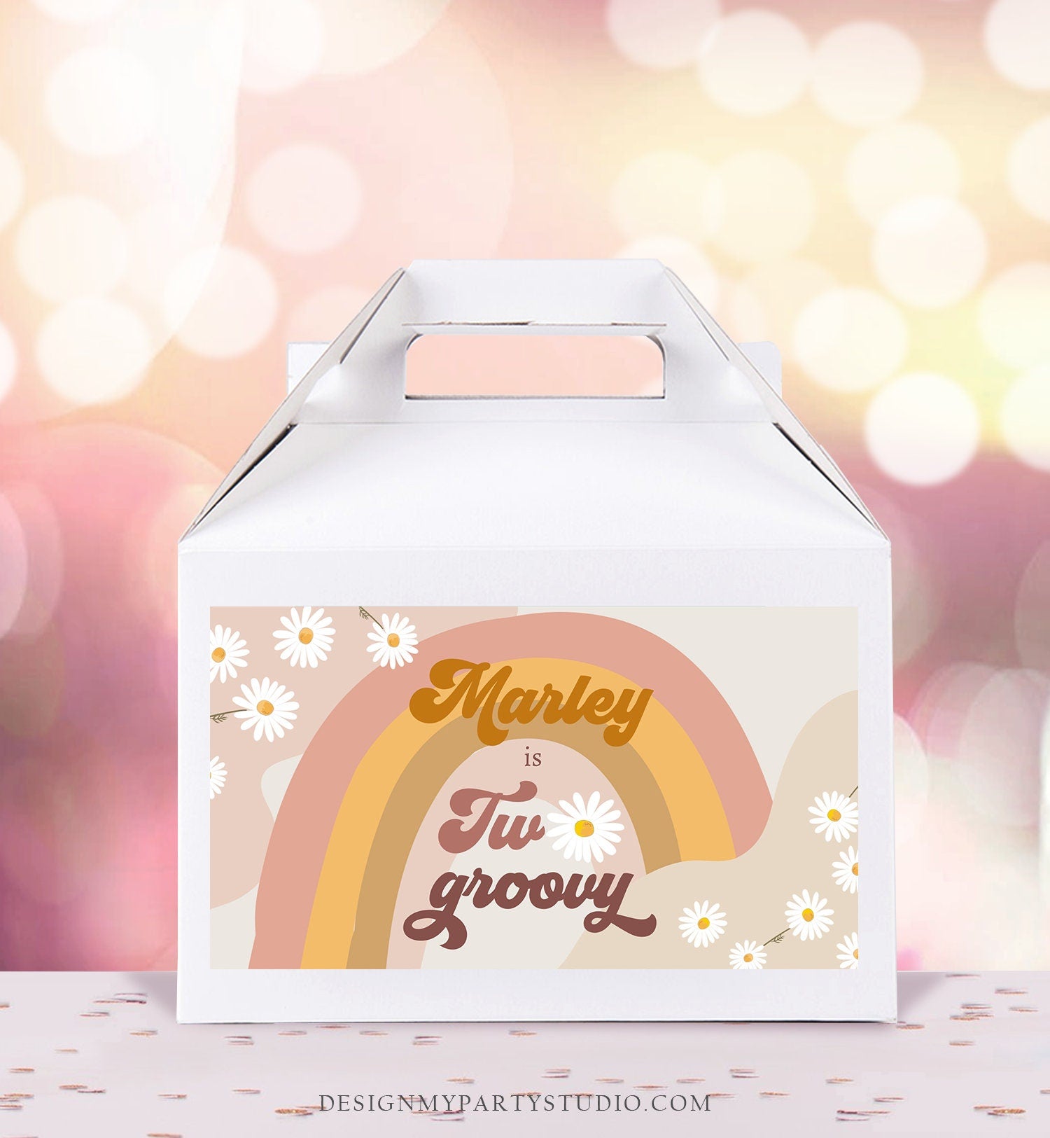 Editable Groovy Birthday Party Gable Box Favor Label Hippie 70's Gift Box Festival Two Groovy Daisy Digital Download Template Printable 0428