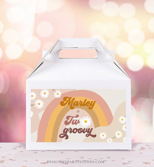 Editable Groovy Birthday Party Gable Box Favor Label Hippie 70's Gift Box Labels Festival Two Groovy Daisy Download Printable Corjl 0428