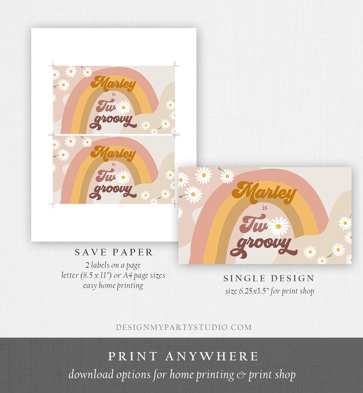 Editable Groovy Birthday Party Gable Box Favor Label Hippie 70&#39;s Gift Box Festival Two Groovy Daisy Digital Download Template Printable 0428