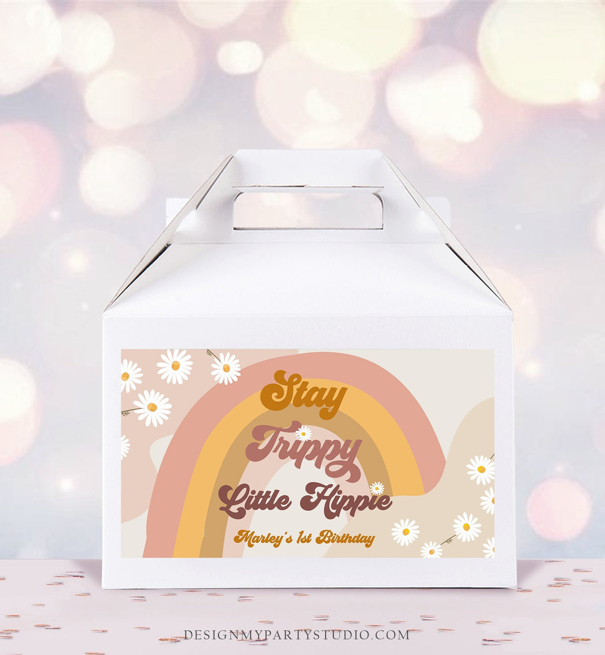 Editable Groovy Birthday Party Gable Box Favor Label Stay Trippy Little Hippie 70&#39;s Box Label Festival Daisy Download Printable Corjl 0428
