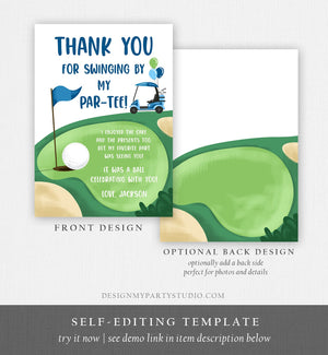 Editable Golf Thank You Card Golfing Birthday Par-tee Swinging By Hole in One Golf Court Boy Girl Cart Printable Corjl Template Digital 0405
