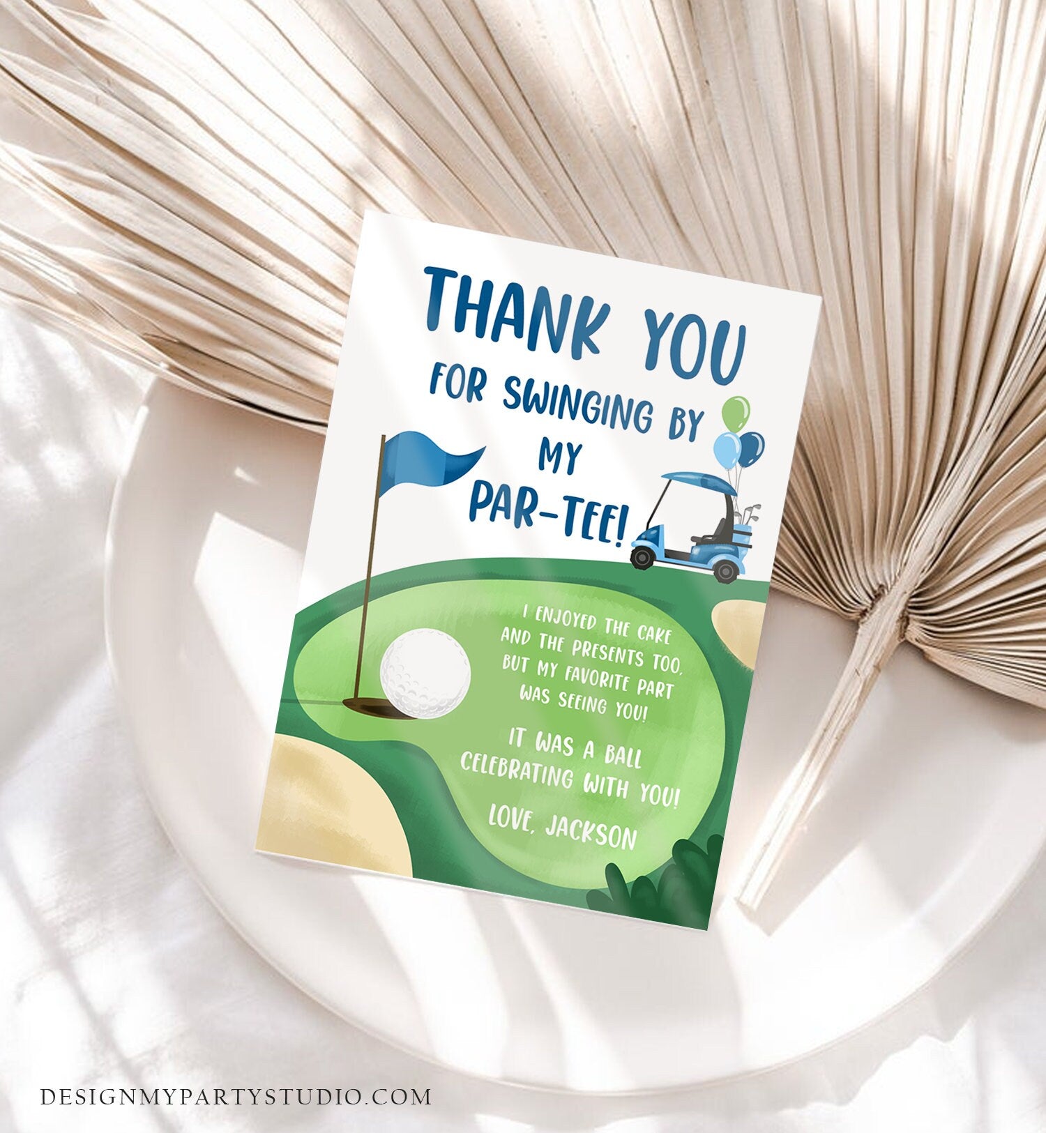 Editable Golf Thank You Card Golfing Birthday Par-tee Swinging By Hole in One Golf Court Boy Girl Cart Printable Corjl Template Digital 0405