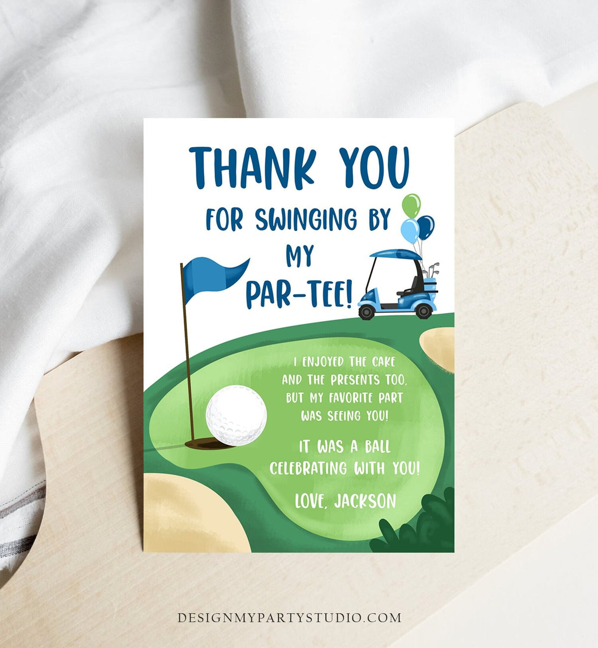 Editable Golf Thank You Card Golfing Birthday Par-tee Swinging By Hole in One Golf Court Boy Girl Cart Printable Corjl Template Digital 0405