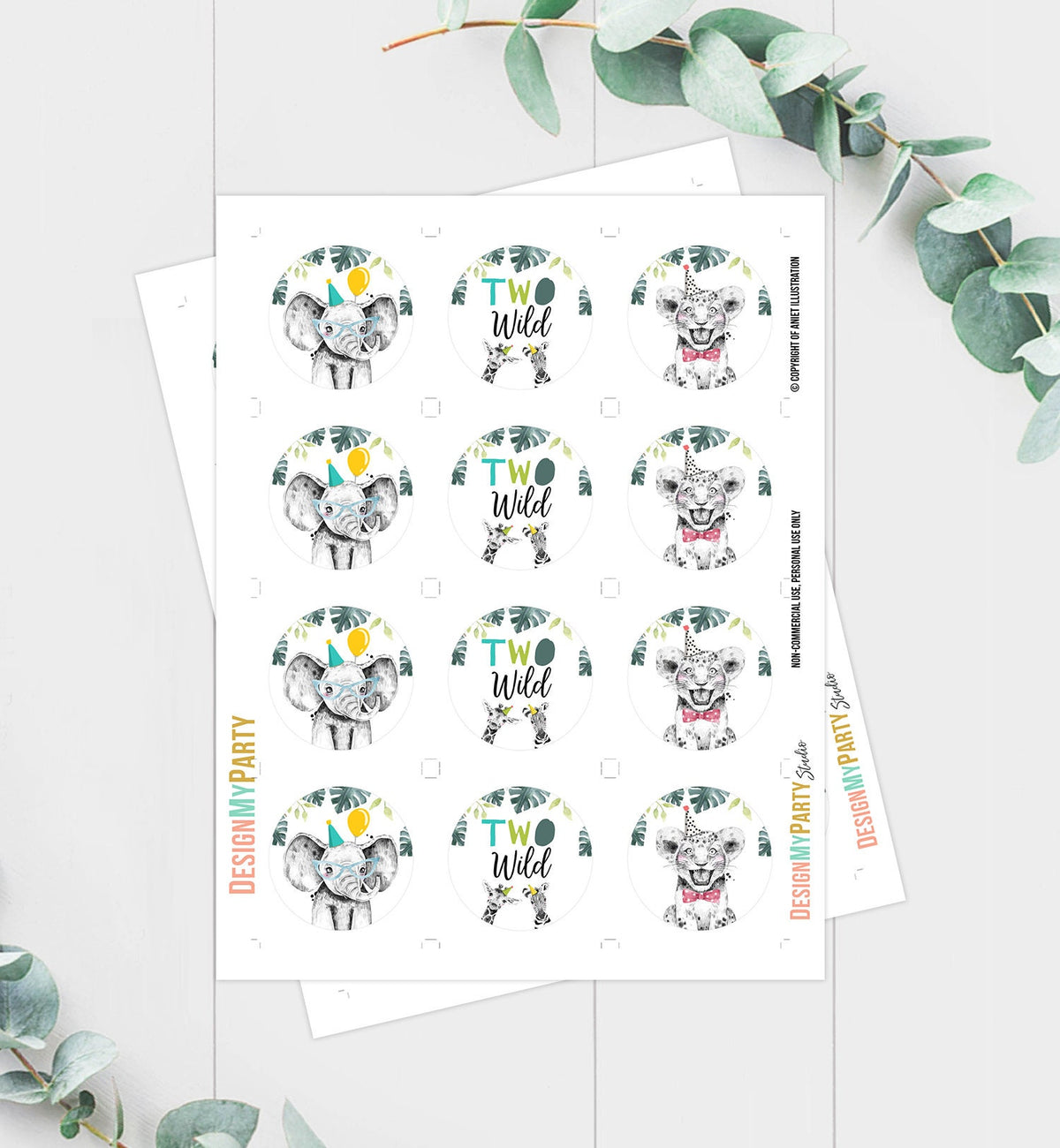 Two Wild Party Animals Cupcake Topper Favor Tag Birthday Party Safari Animals Zoo 2nd Second Birthday Digital Download Printable 0322