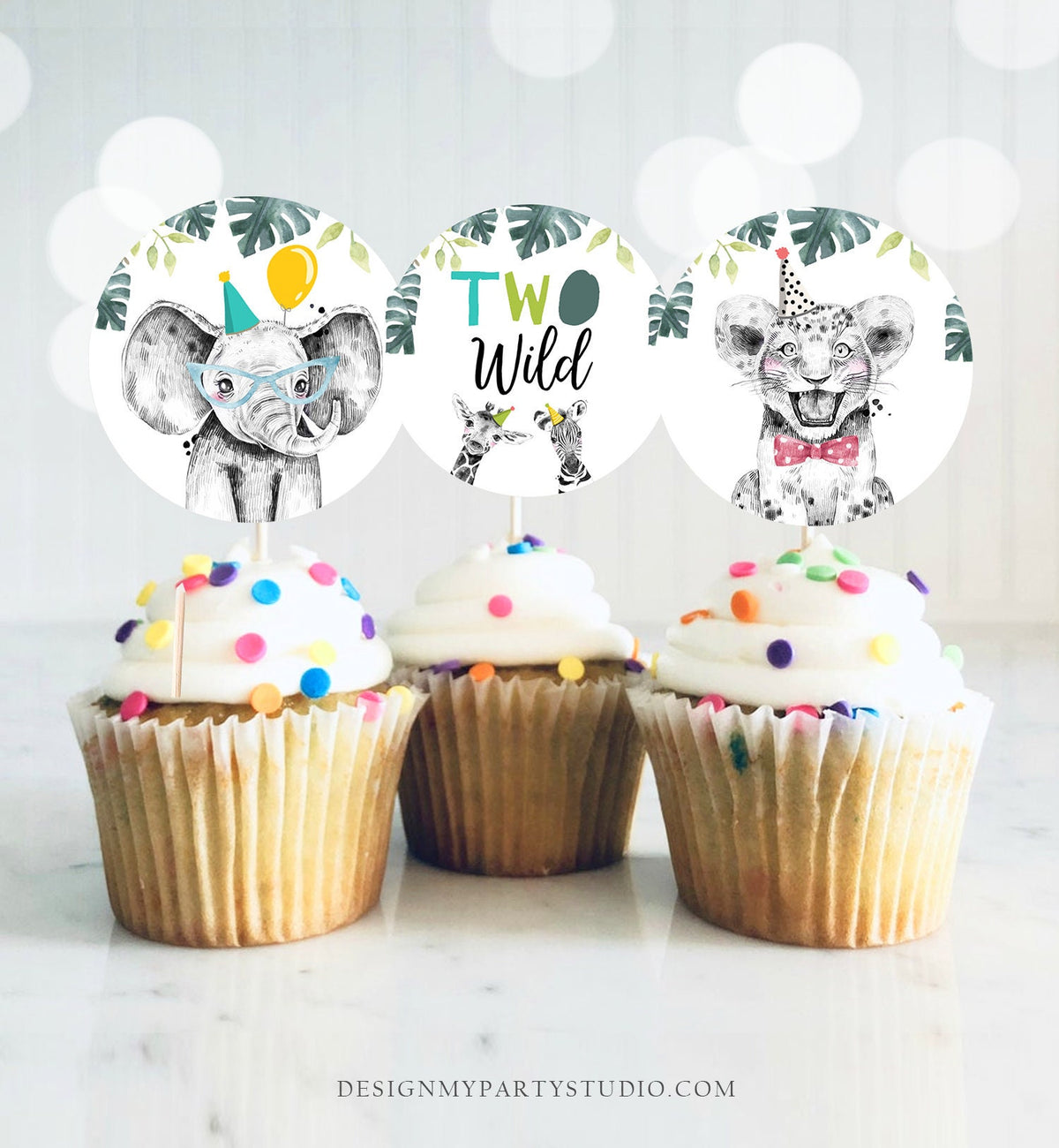 Two Wild Party Animals Cupcake Topper Favor Tag Birthday Party Safari Animals Zoo 2nd Second Birthday Digital Download Printable 0322