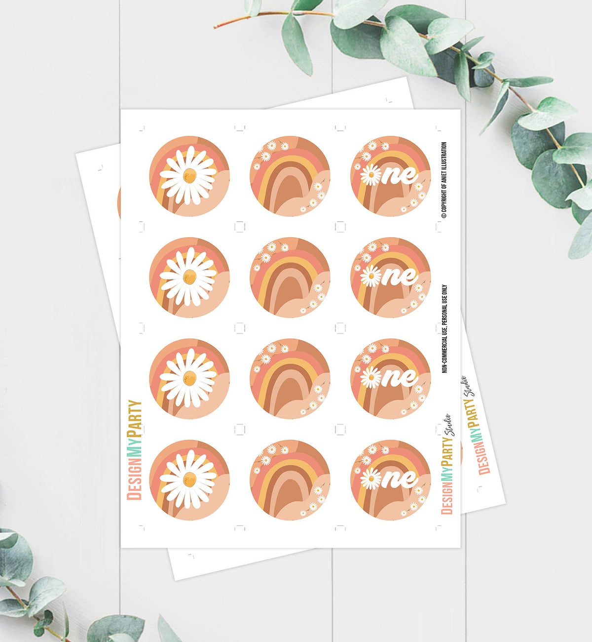 Groovy First Birthday Cupcake Toppers Favor Tags Retro Daisy Birthday Party Decor One Flower Power Festival Download Digital PRINTABLE 0428