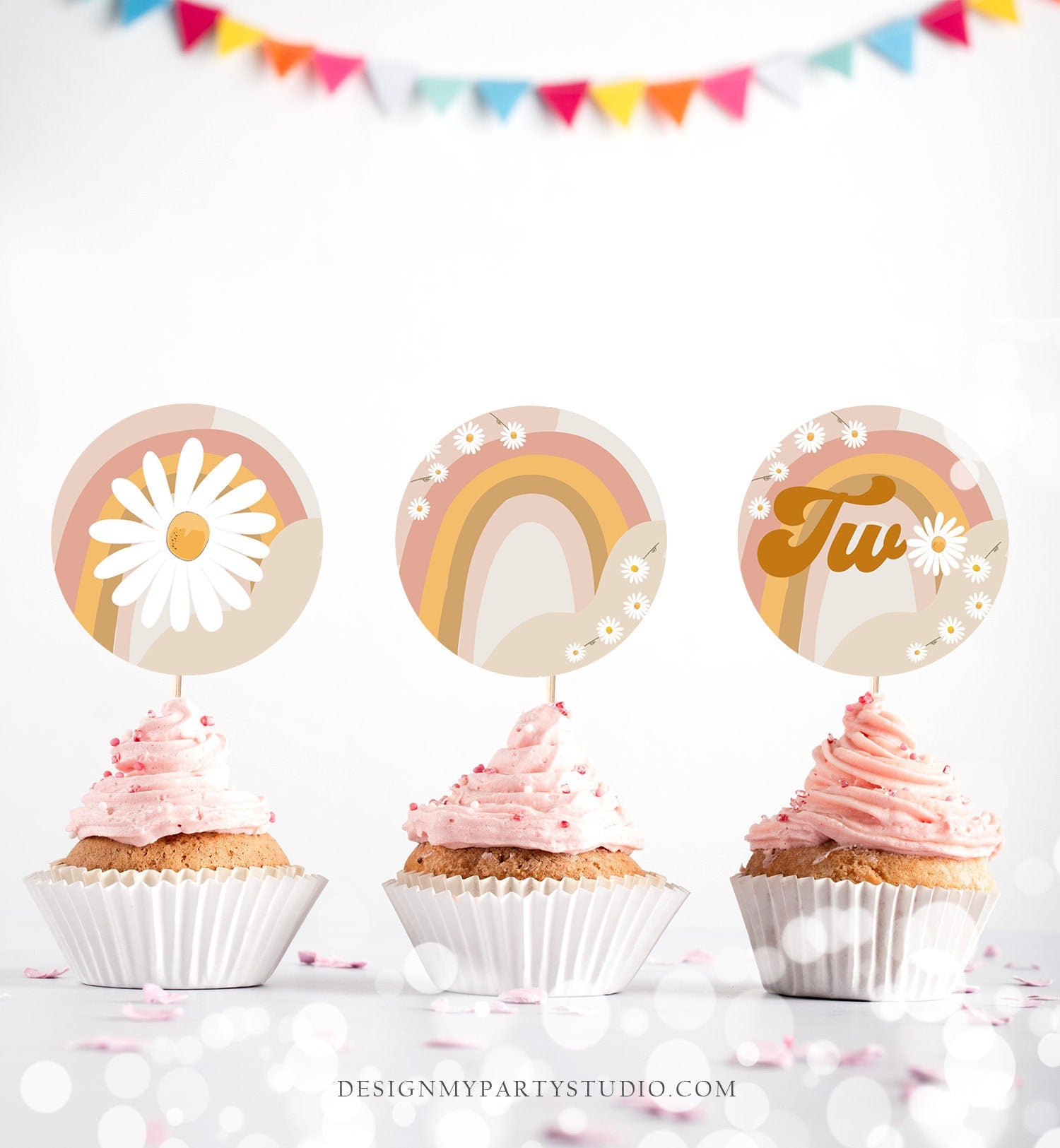 Two Groovy Birthday Cupcake Toppers Favor Tags Retro Daisy Birthday Party Decor 2nd Flower Power Festival Digital Download Printable 0428