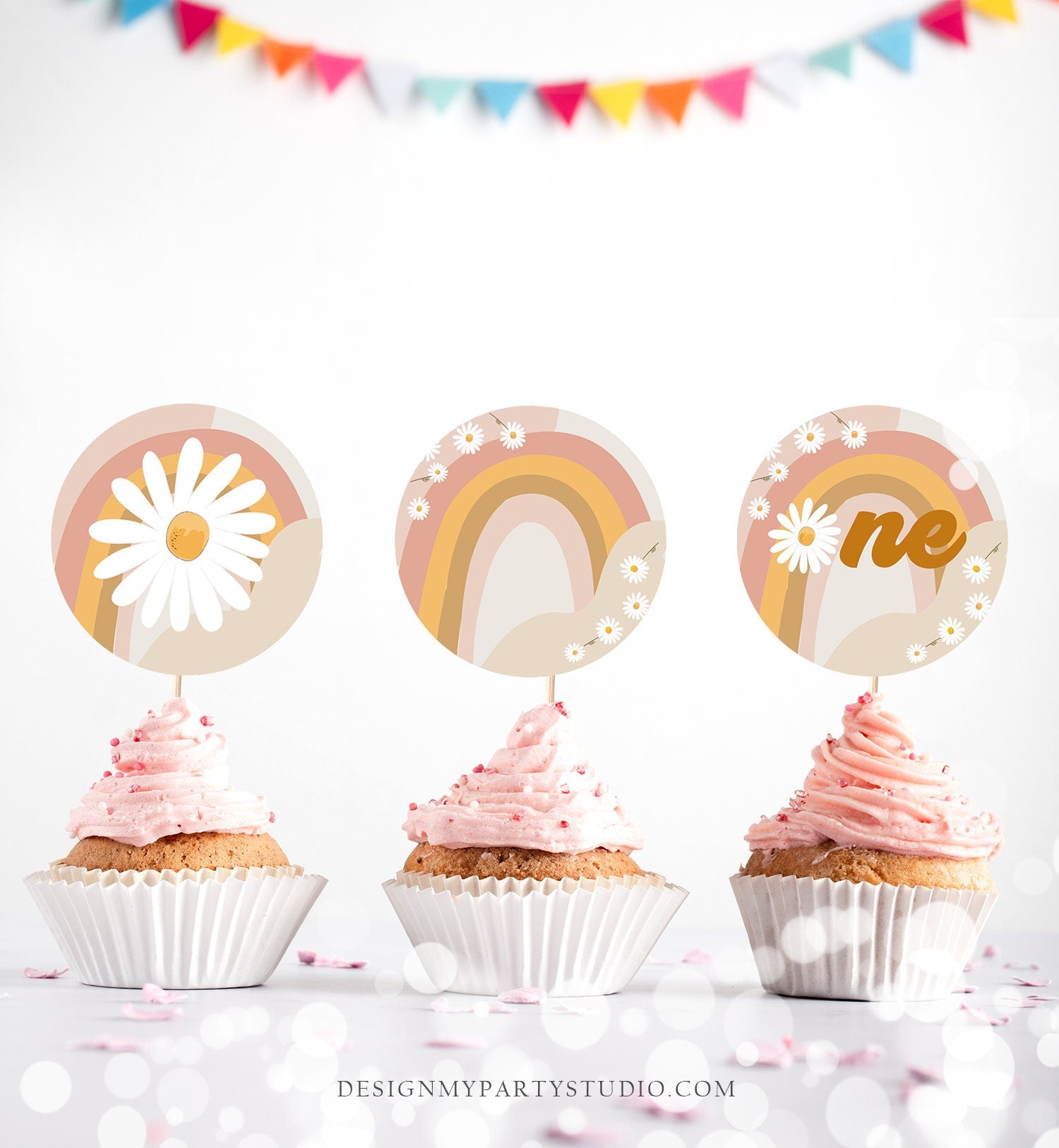 Groovy First Birthday Cupcake Toppers Favor Tags Retro Daisy Birthday Party Decor One Flower Power Festival Digital Download Printable 0428