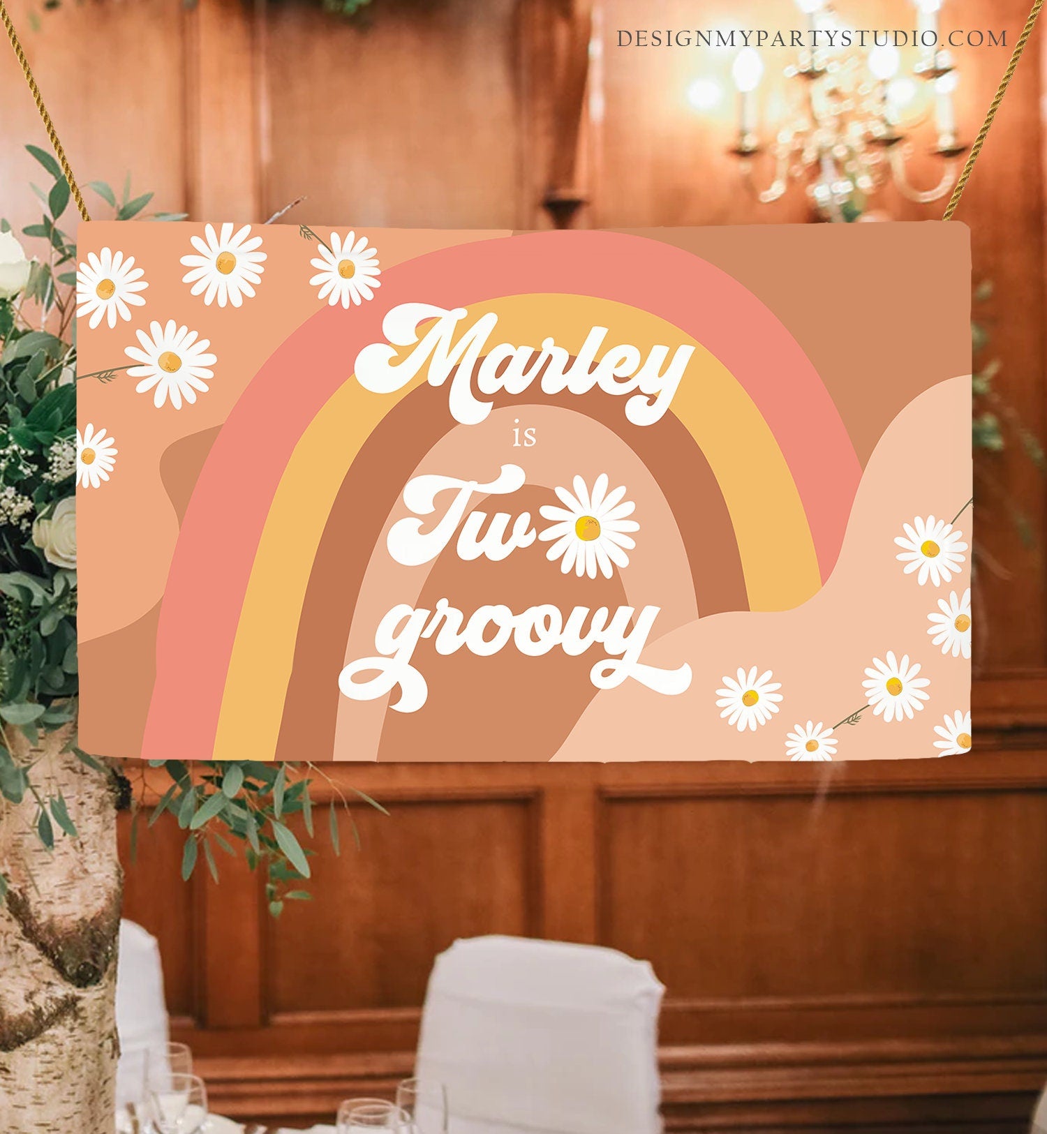 Editable Groovy Birthday Backdrop Two Groovy Girl Retro Daisy Party Decor Festival Flower Power Boho Digital Template Printable 0428