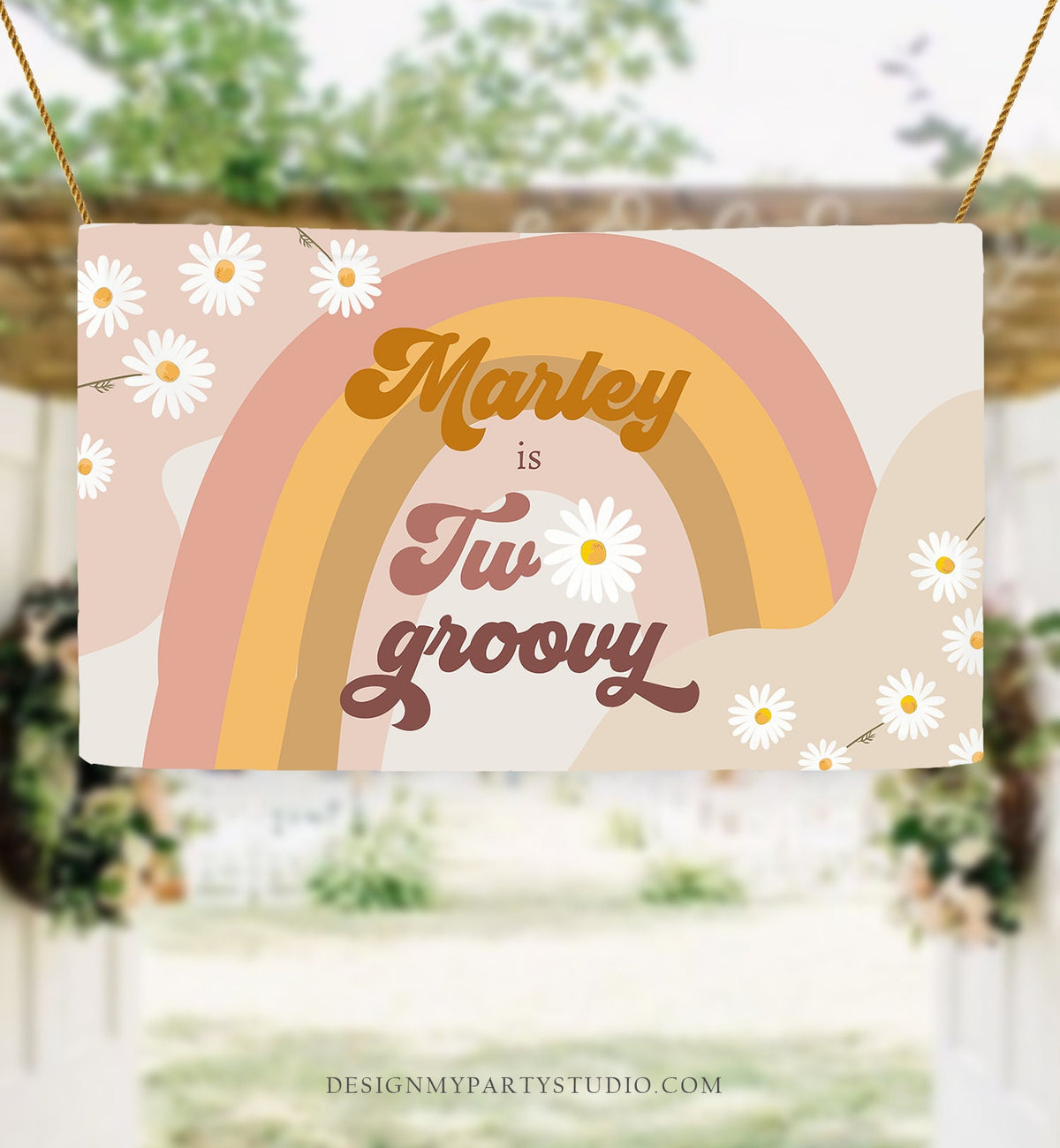 Editable Groovy Birthday Backdrop Two Groovy Birthday Girl Retro Daisy Party Festival Flower Power Boho Digital Template Printable 0428