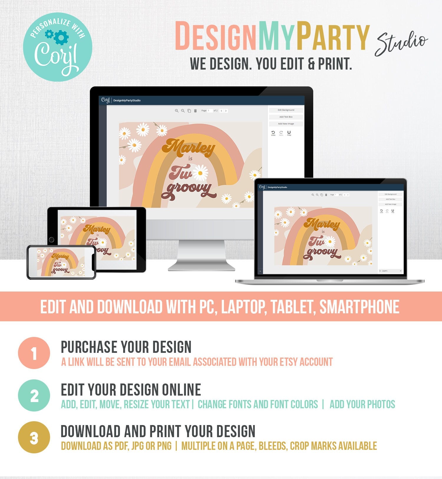 Editable Groovy Birthday Backdrop Two Groovy Birthday Girl Retro Daisy Party Festival Flower Power Boho Digital Template Printable 0428