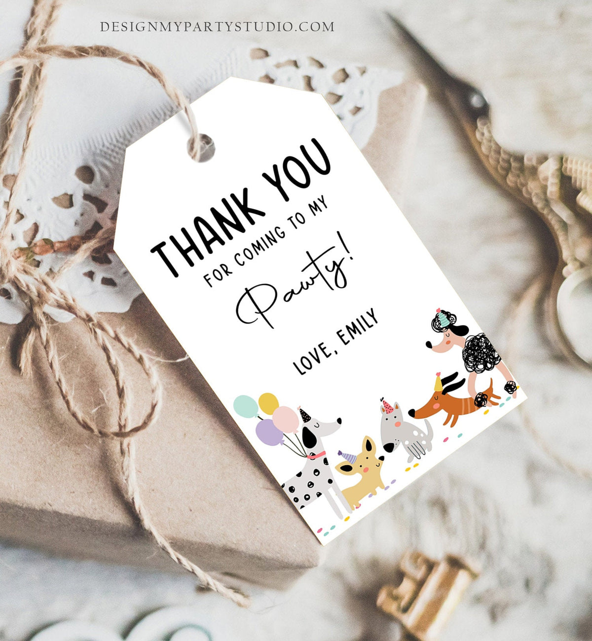 Editable Dog Favor tags Puppy Dog Birthday Thank you tag Girl Pink Puppies Pup Pet Animal Dog Themed Modern Template PRINTABLE Corjl 0429