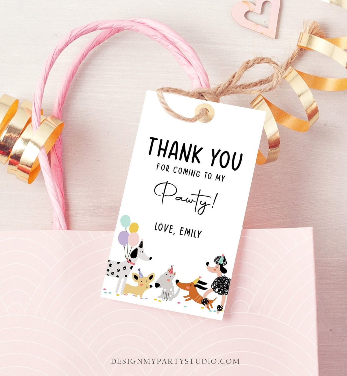Editable Dog Favor tags Puppy Dog Birthday Thank you tag Girl Pink Puppies Pup Pet Animal Dog Themed Modern Template PRINTABLE Corjl 0429