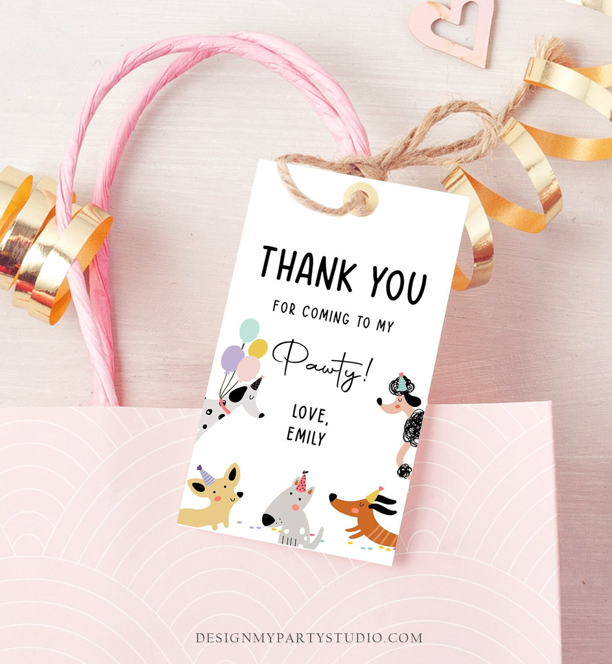 Editable Dog Favor tags Puppy Dog Birthday Thank you tag Girl Pink Puppies Pup Pet Animal Dog Themed Modern Digital Template Printable 0429
