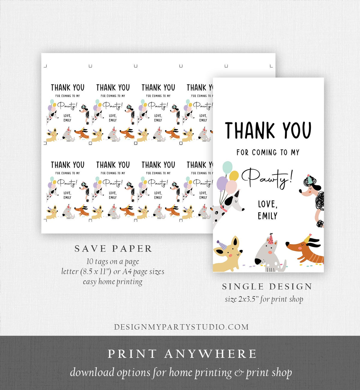 Editable Dog Favor tags Puppy Dog Birthday Thank you tag Girl Pink Puppies Pup Pet Animal Dog Themed Modern Digital Template Printable 0429