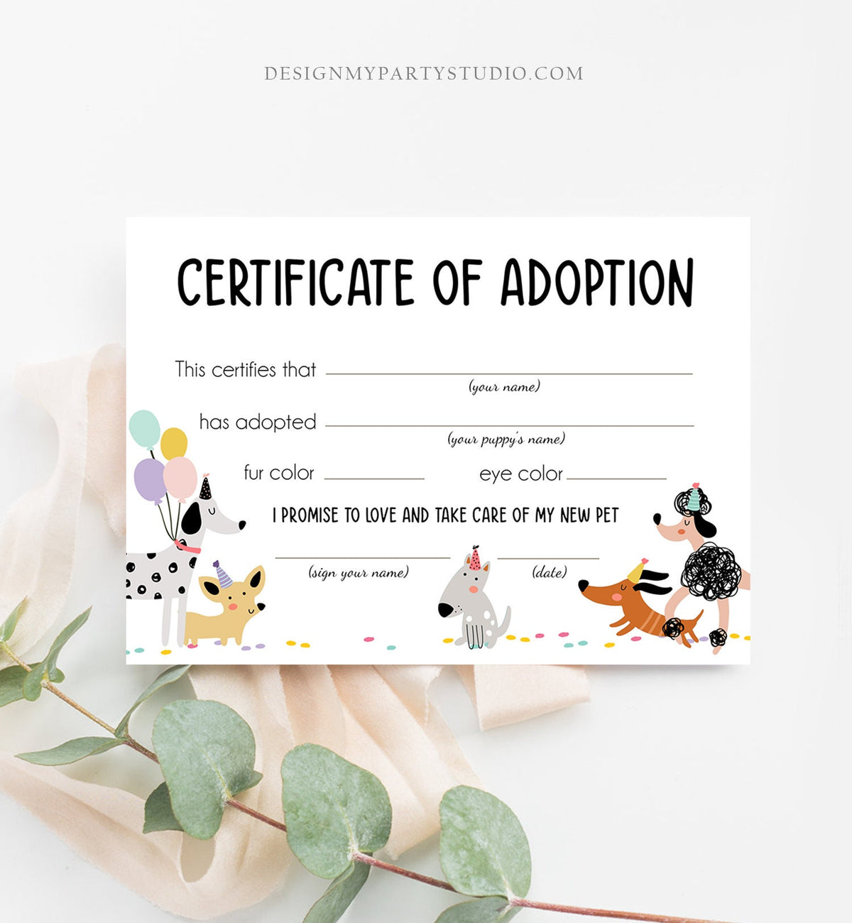 Pet Adoption Certificate Puppy Adoption Dog Birthday Party Adopt A Pet Girl Pink Vet Puppy Adoption Instant Download Digital PRINTABLE 0429