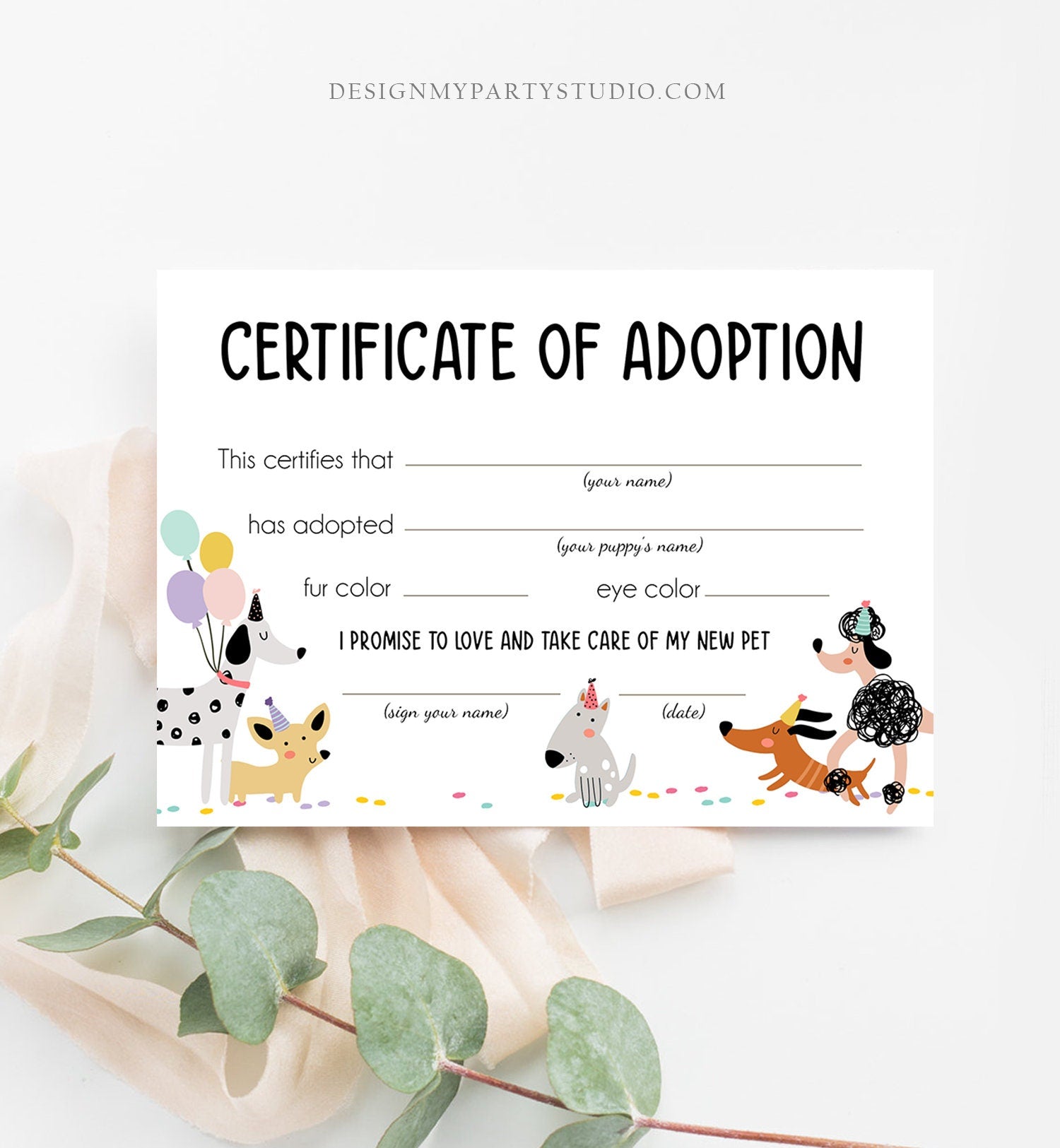 Pet Adoption Certificate Puppy Adoption Dog Birthday Party Adopt A Pet Girl Pink Vet Puppy Adoption Instant Download Digital PRINTABLE 0429