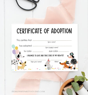 Pet Adoption Certificate Puppy Adoption Dog Birthday Party Adopt A Pet Girl Pink Vet Puppy Adoption Instant Download Digital PRINTABLE 0429